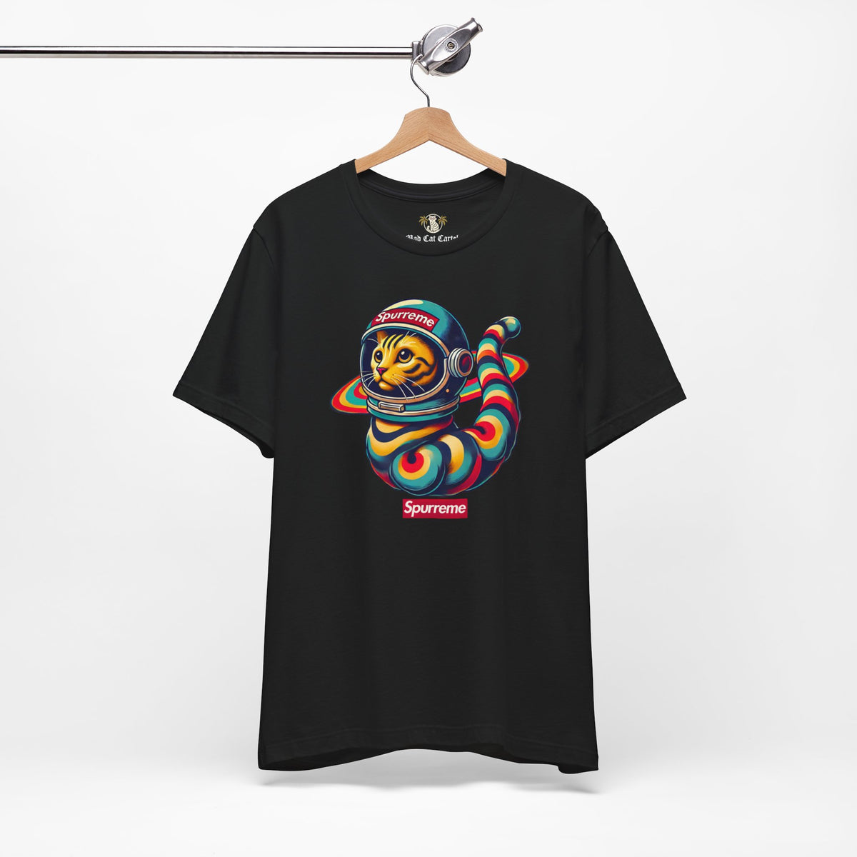 Spurreme Space Explorer Cat Graphic T-Shirt in black, on a hanger