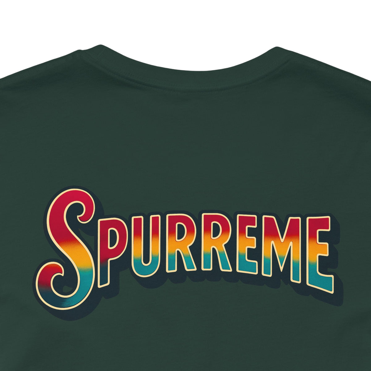 Spurreme Space Explorer Cat Graphic T-Shirt in forest, close-up of the back print
