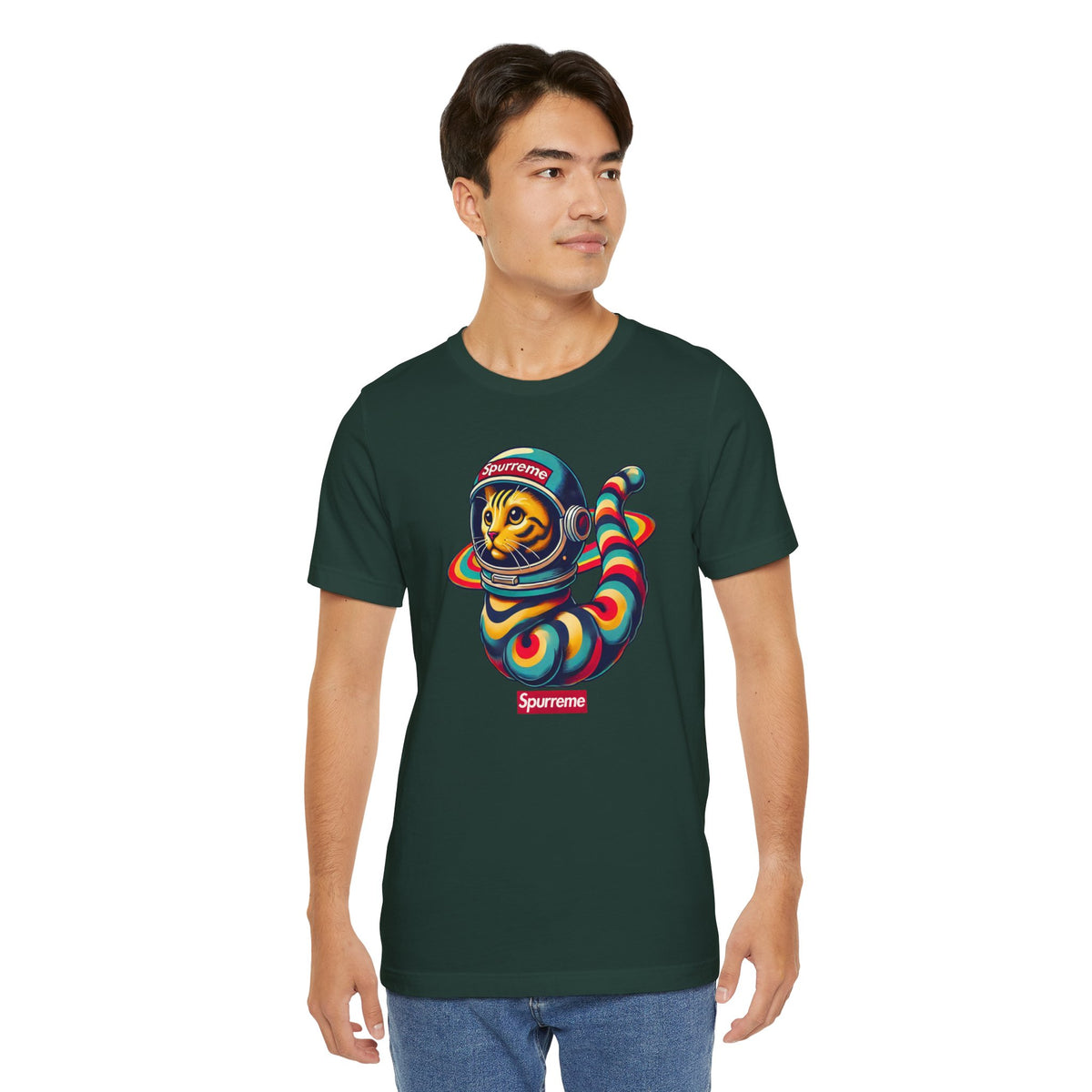 Spurreme Space Explorer Cat Graphic T-Shirt in forest, worn by a male model