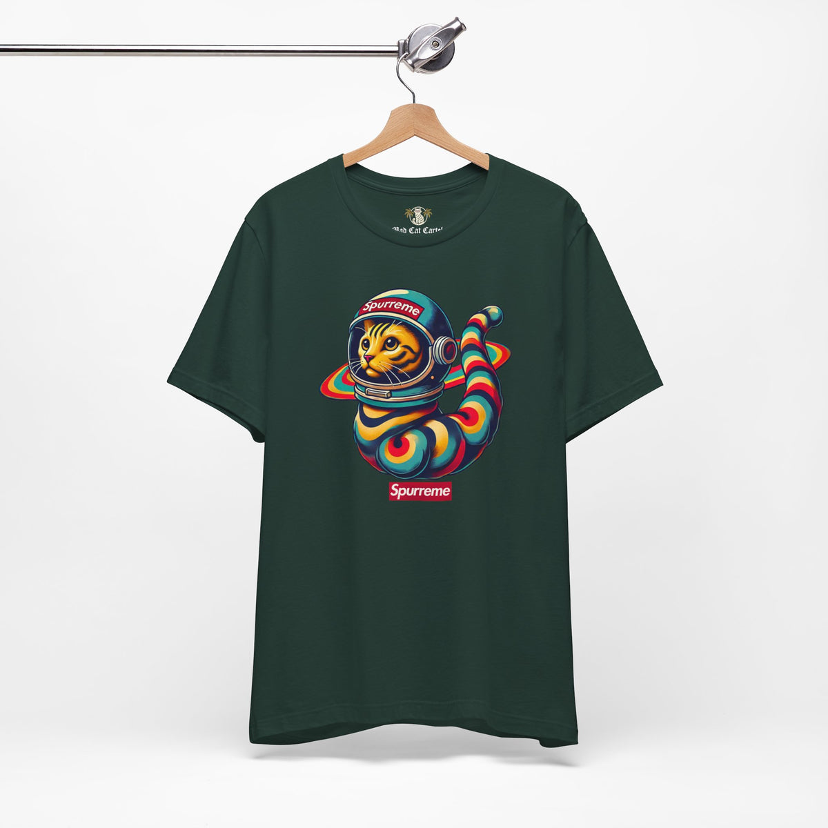 Spurreme Space Explorer Cat Graphic T-Shirt in forest, on a hanger