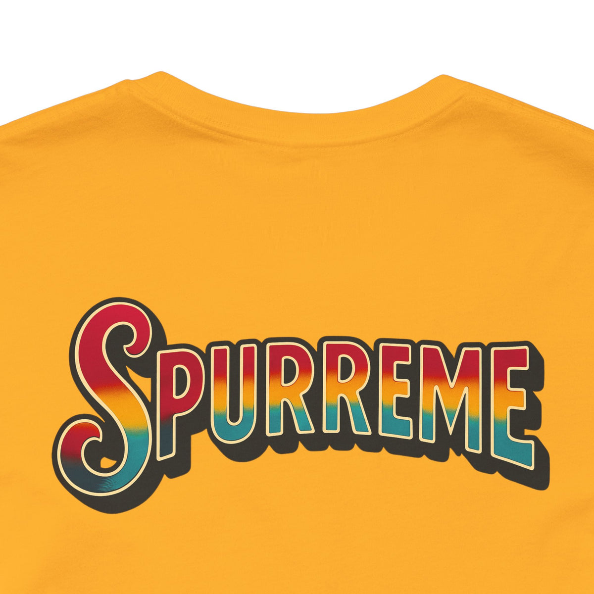 Spurreme Space Explorer Cat Graphic T-Shirt in gold, close-up of the back print