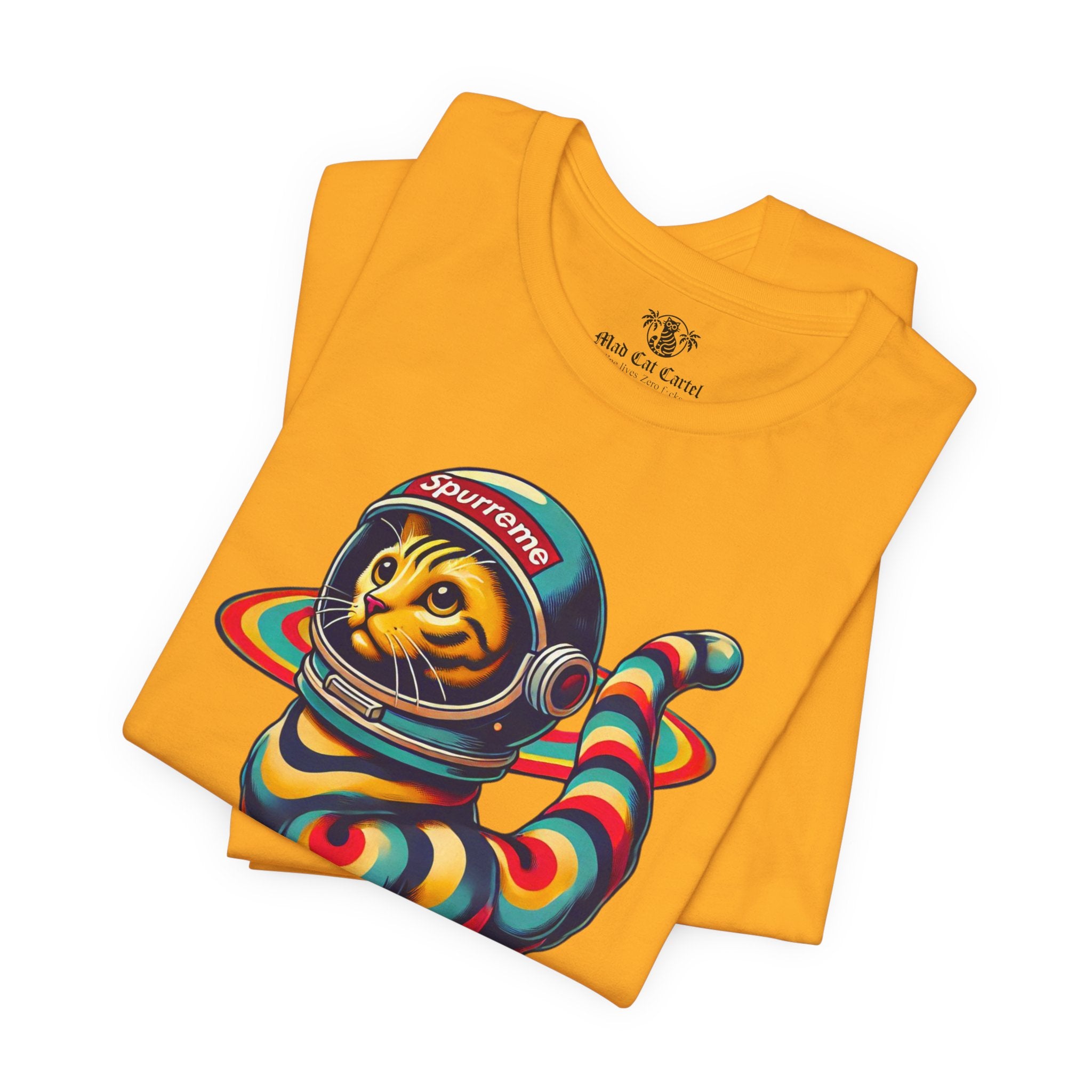 Spurreme Space Explorer Cat Graphic T-Shirt in gold, folded