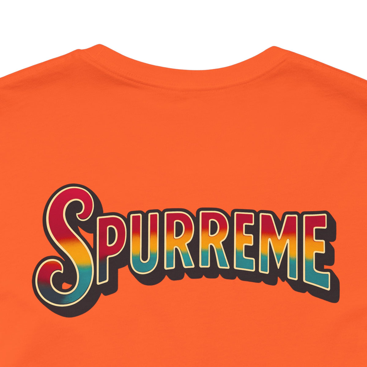 Spurreme Space Explorer Cat Graphic T-Shirt in orange, close-up of the back print