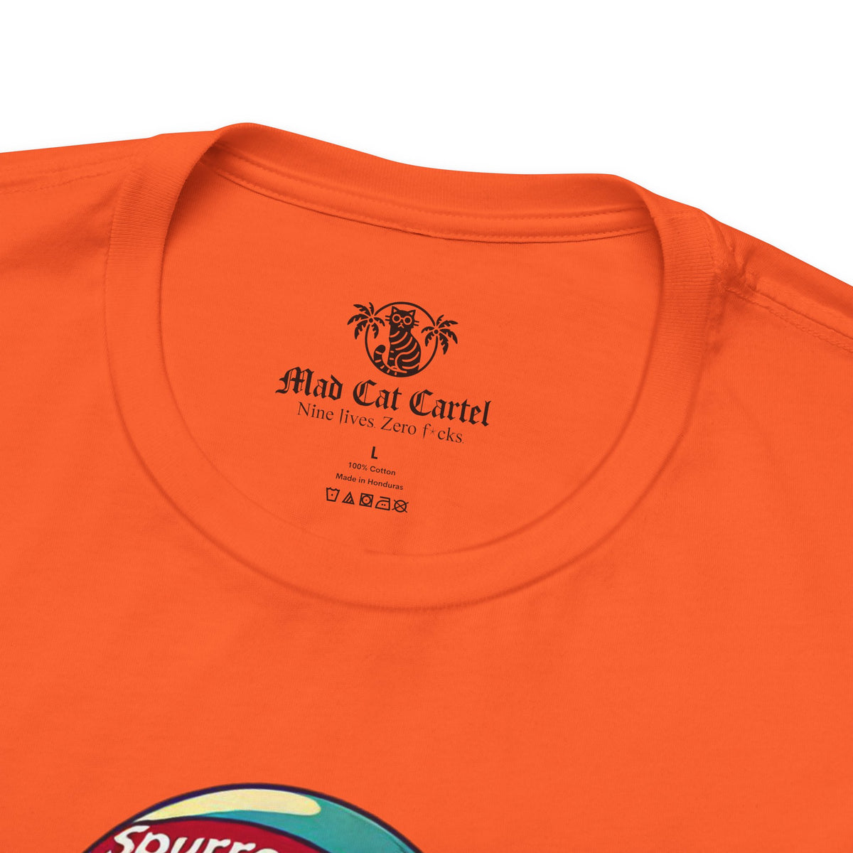Spurreme Space Explorer Cat Graphic T-Shirt in orange, close-up detail