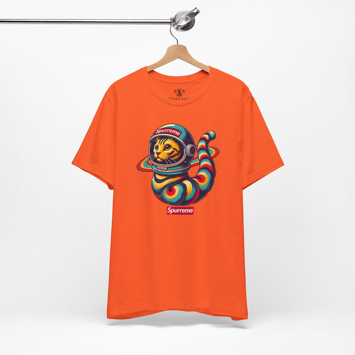 Spurreme Space Explorer Cat Graphic T-Shirt in orange, on a hanger