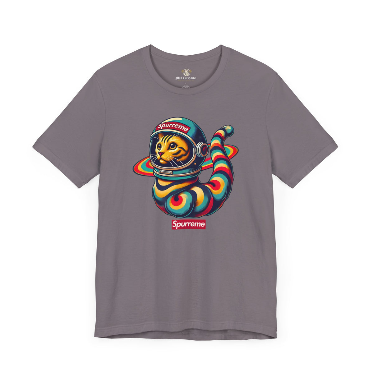 Spurreme Space Explorer Cat Graphic T-Shirt in storm, flat lay