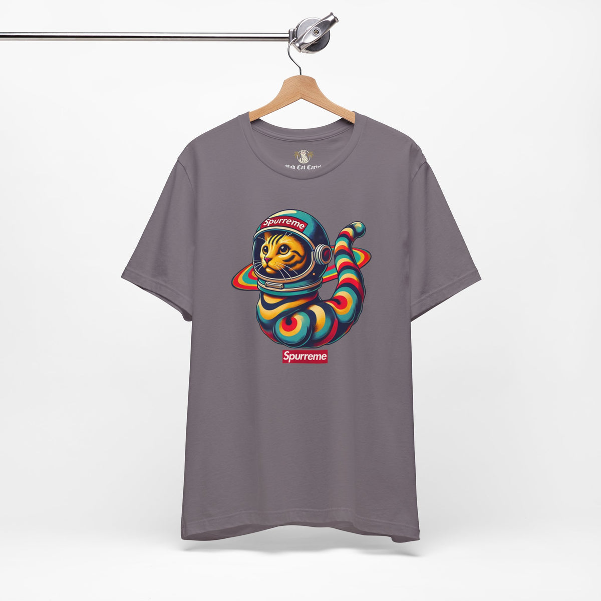 Spurreme Space Explorer Cat Graphic T-Shirt in storm, on a hanger