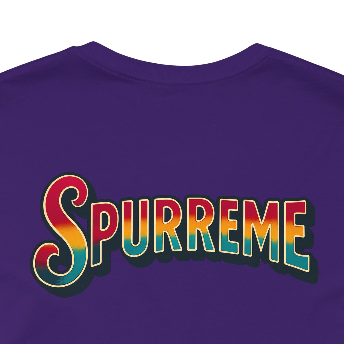 Spurreme Space Explorer Cat Graphic T-Shirt in team purple, close-up of the back print