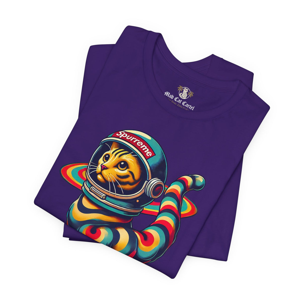 Spurreme Space Explorer Cat Graphic T-Shirt in team purple, folded