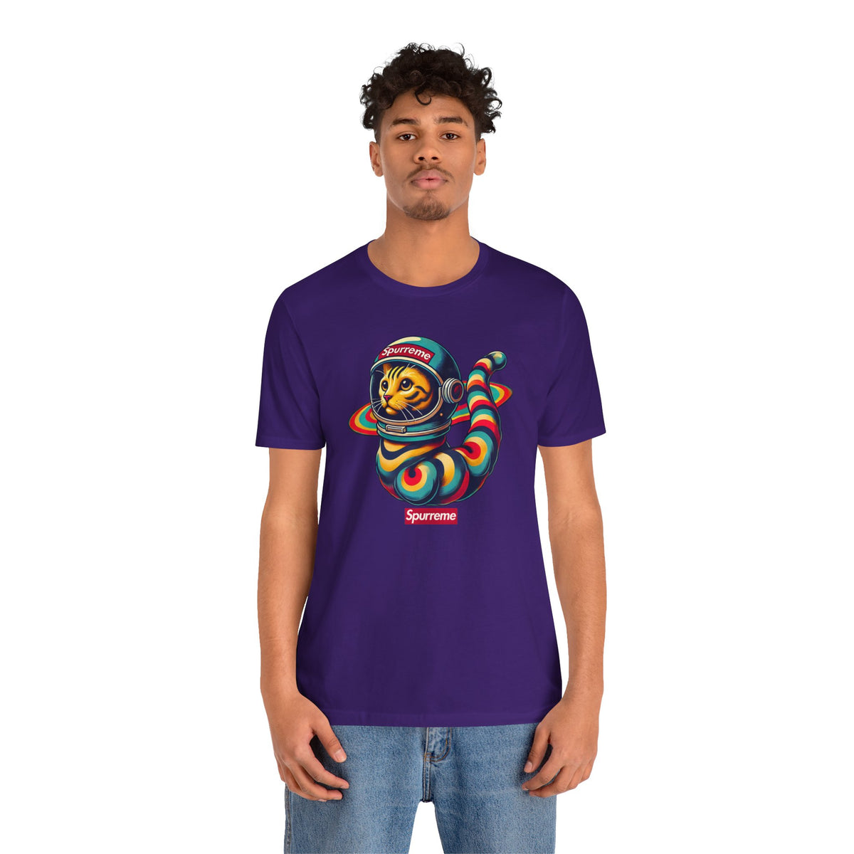 Spurreme Space Explorer Cat Graphic T-Shirt in team purple, worn by a male model