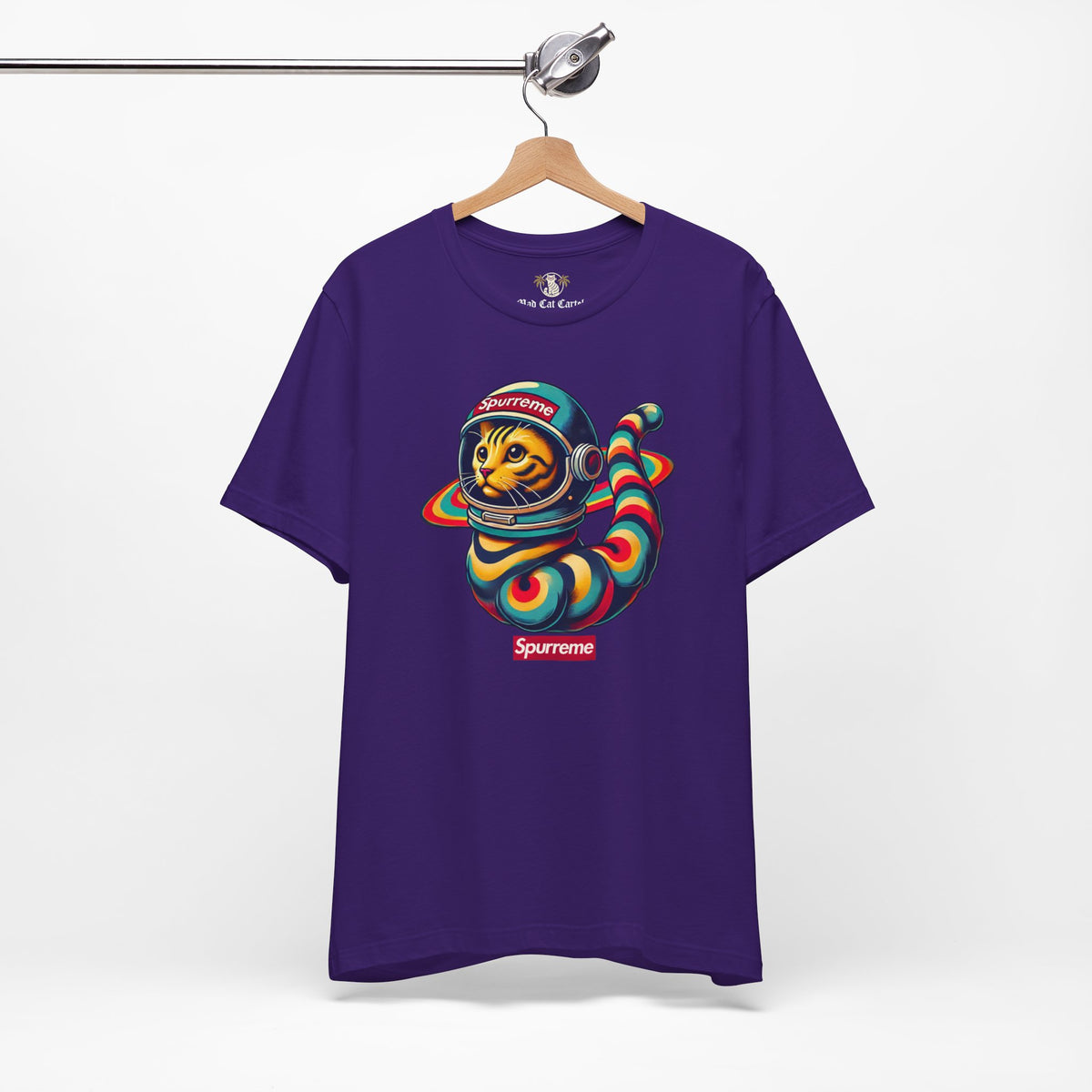 Spurreme Space Explorer Cat Graphic T-Shirt in team purple, on a hanger