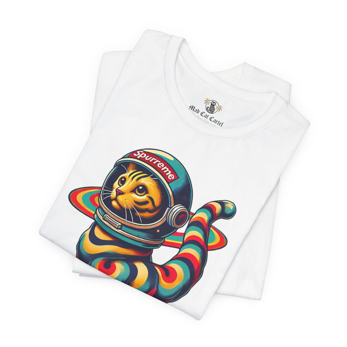 Spurreme Space Explorer Cat Graphic T-Shirt in white, folded