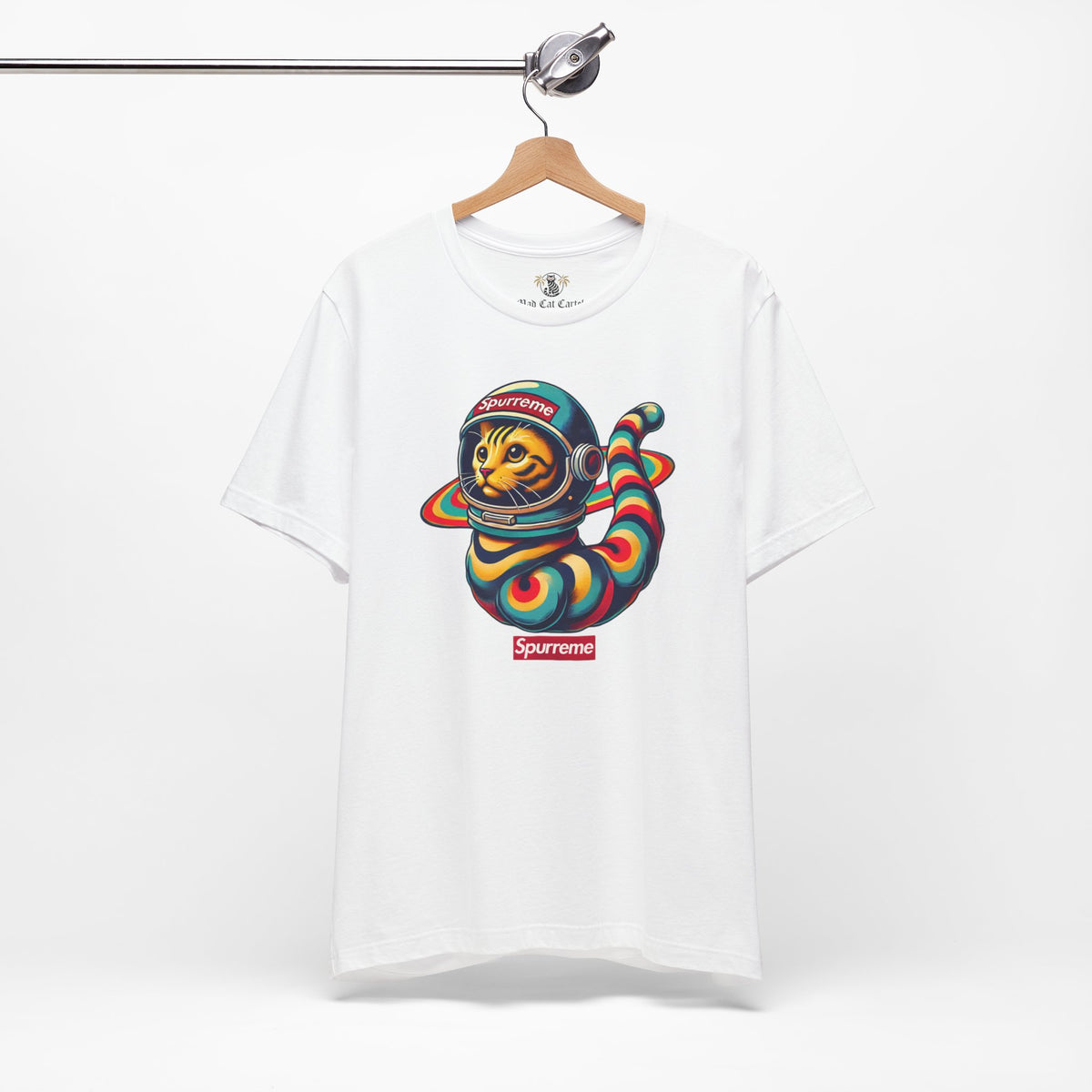 Spurreme Space Explorer Cat Graphic T-Shirt in white, on a hanger