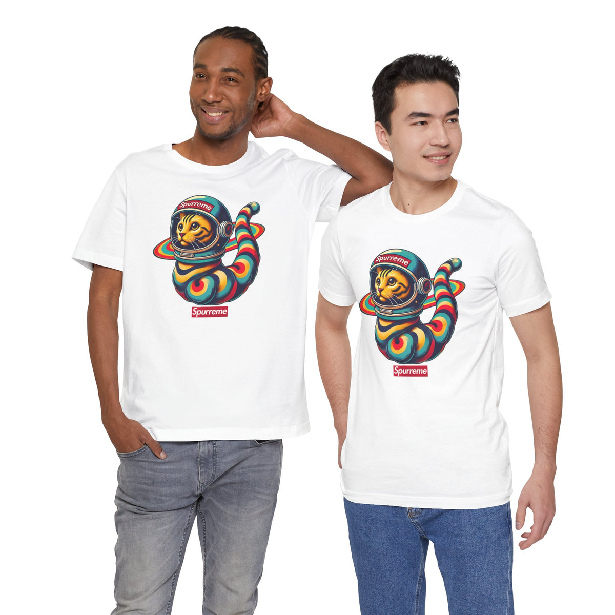 Spurreme Space Explorer Cat Graphic T-Shirt in white, worn by two models