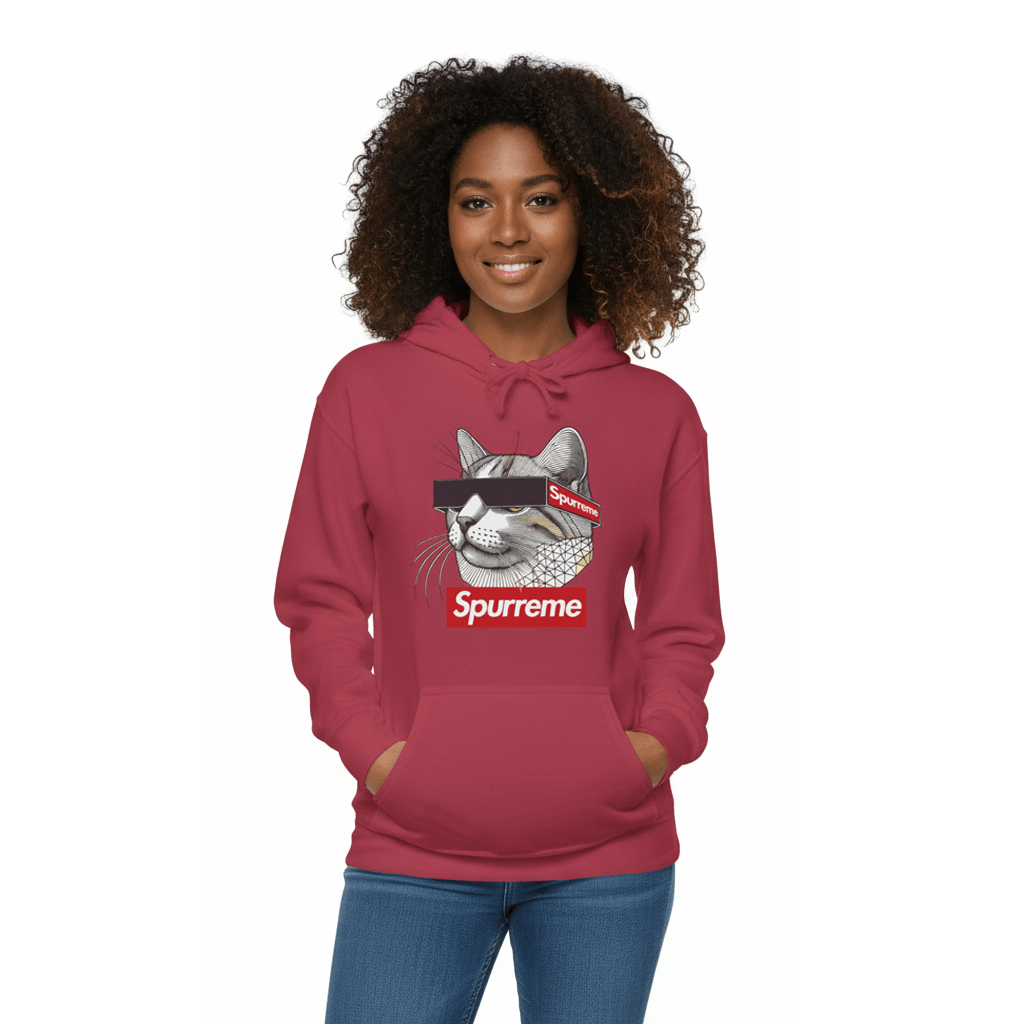 Spurreme Triangular Vision Cat Graphic Hoodie in crimson, worn by a female model