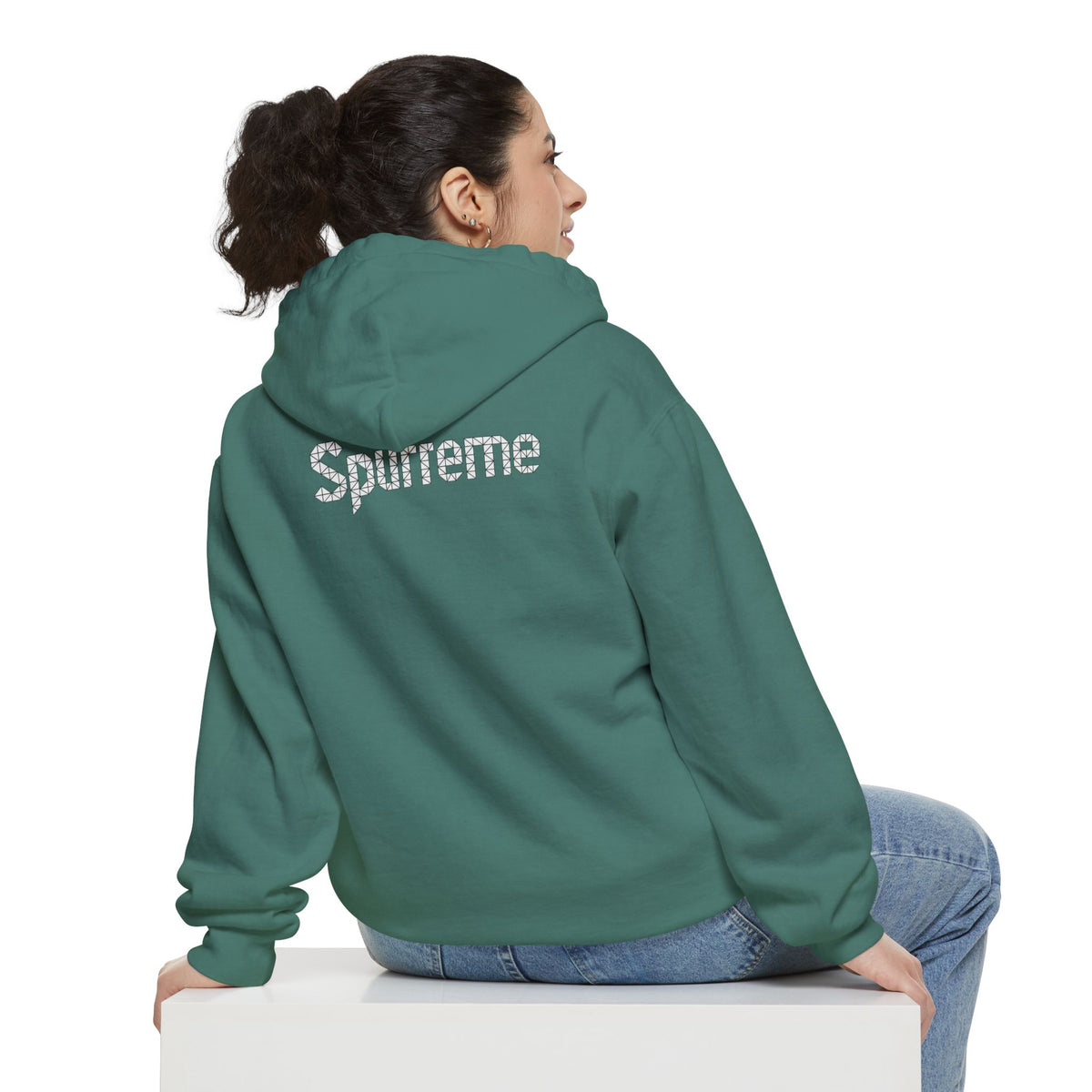 Spurreme Triangular Vision Cat Graphic Hoodie in light green, back view on a female model