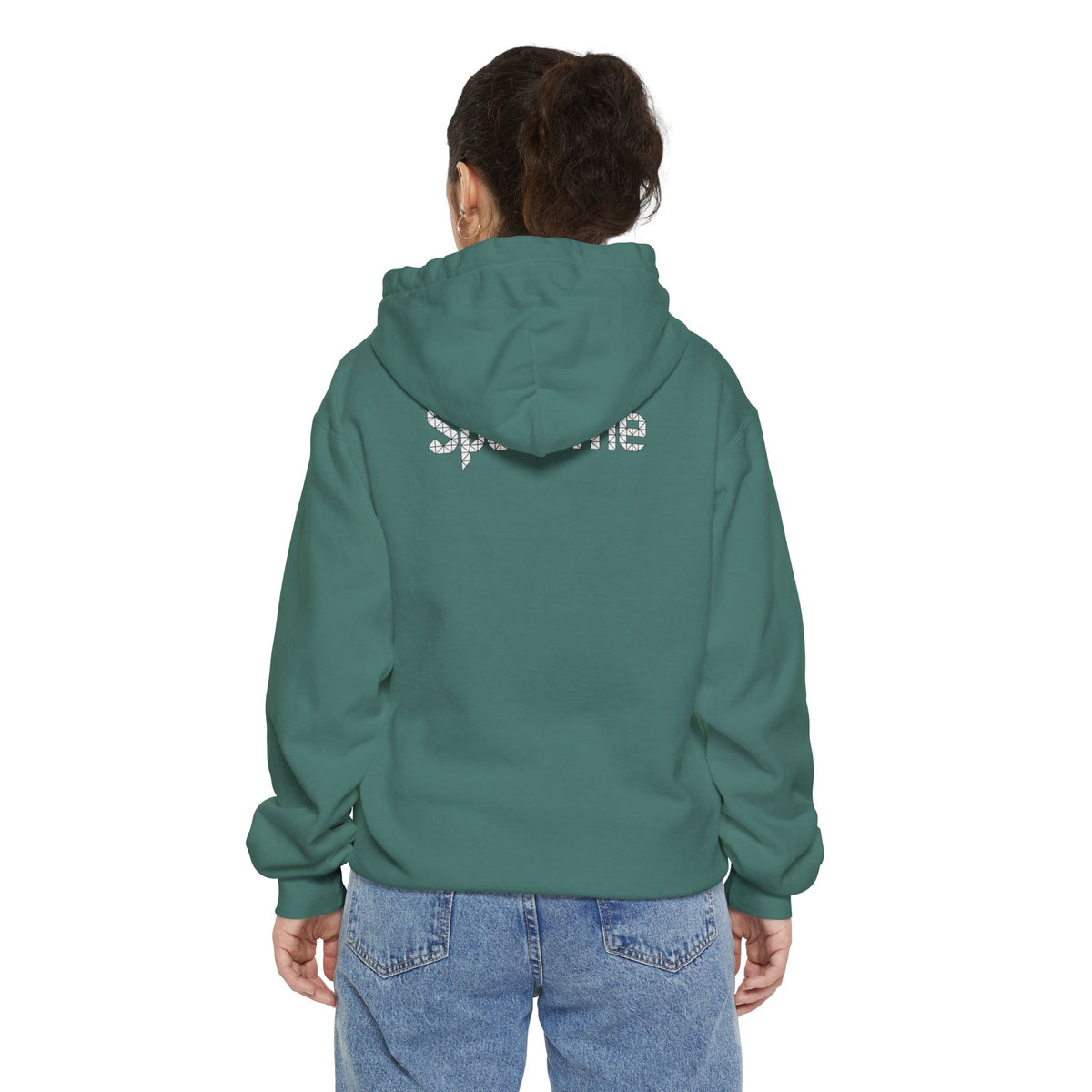 Spurreme Triangular Vision Cat Graphic Hoodie in light green, back view on a female model