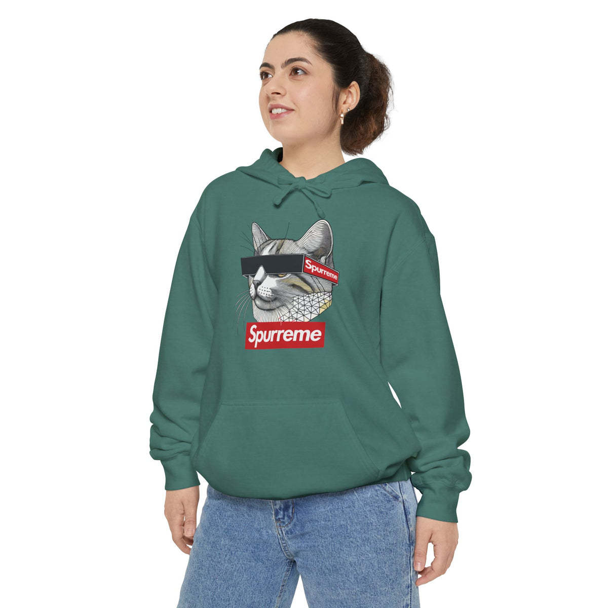 Spurreme Triangular Vision Cat Graphic Hoodie in light green, worn by a female model