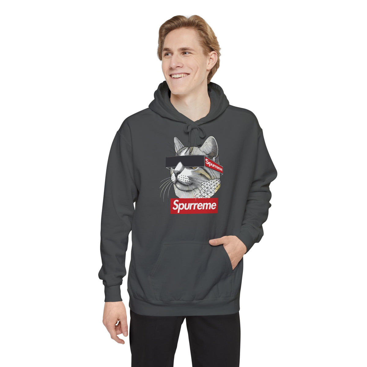 Spurreme Triangular Vision Cat Graphic Hoodie in pepper, worn by a male model