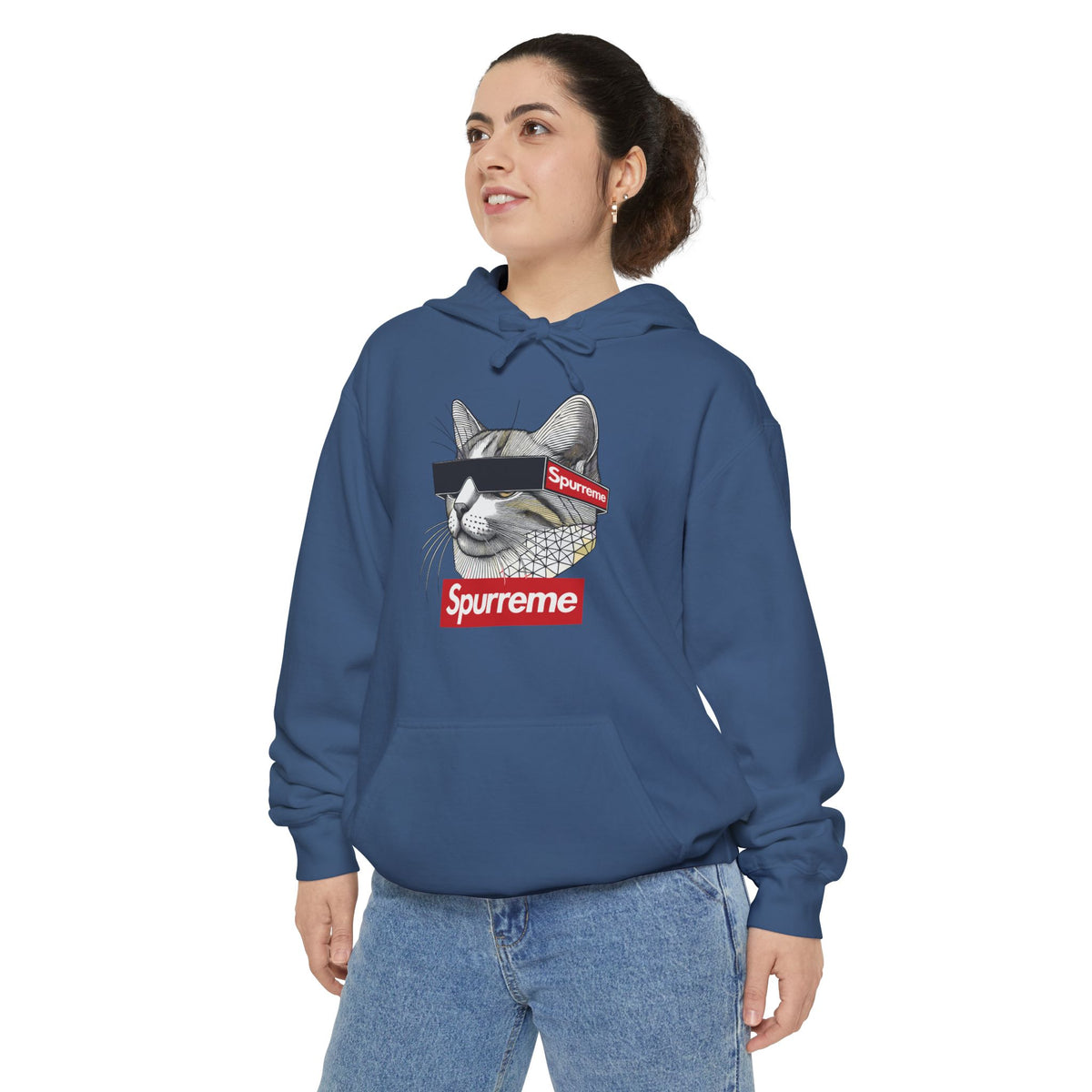 Spurreme Triangular Vision Cat Graphic Hoodie in true navy, worn by a female model