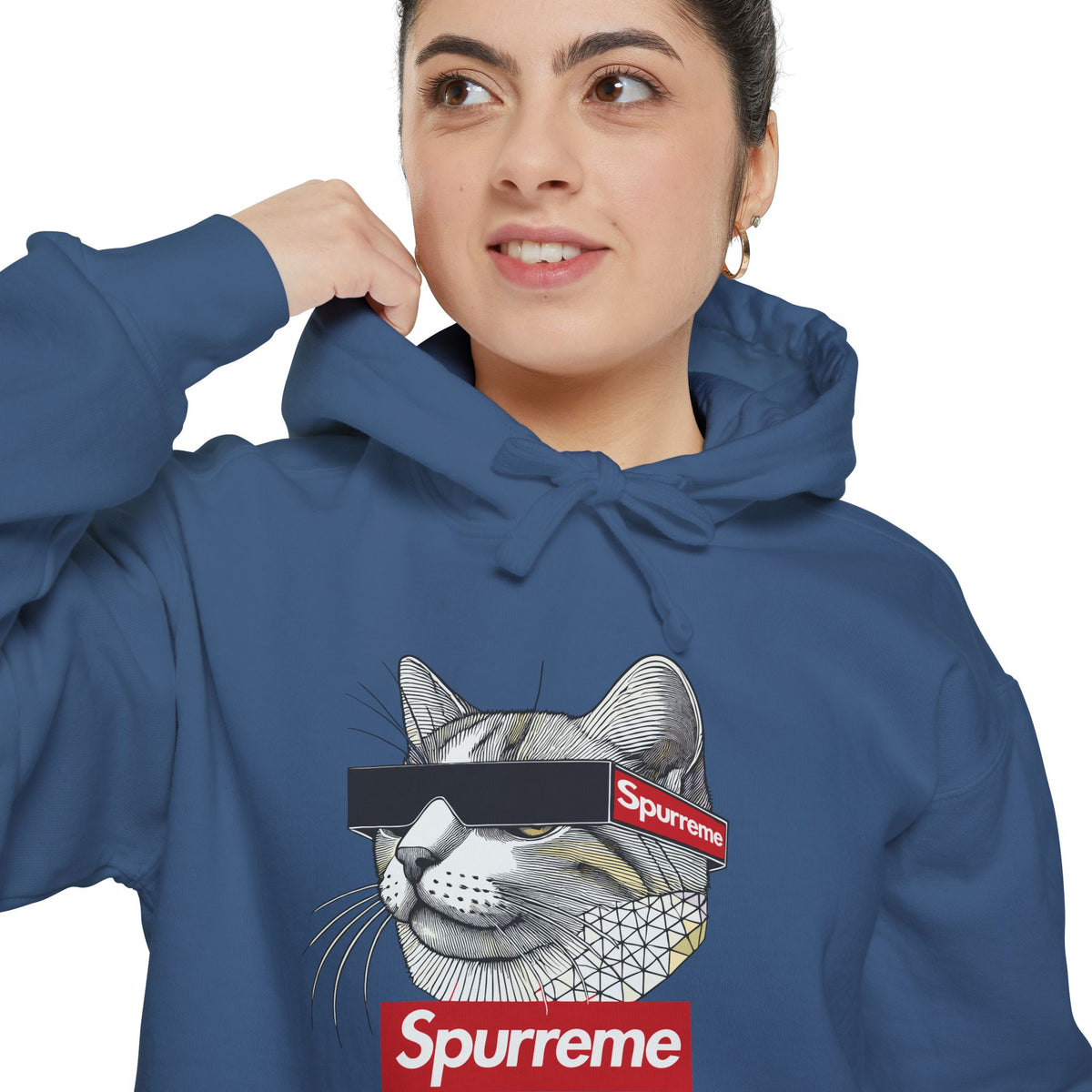Spurreme Triangular Vision Cat Graphic Hoodie in true navy, worn by a female model