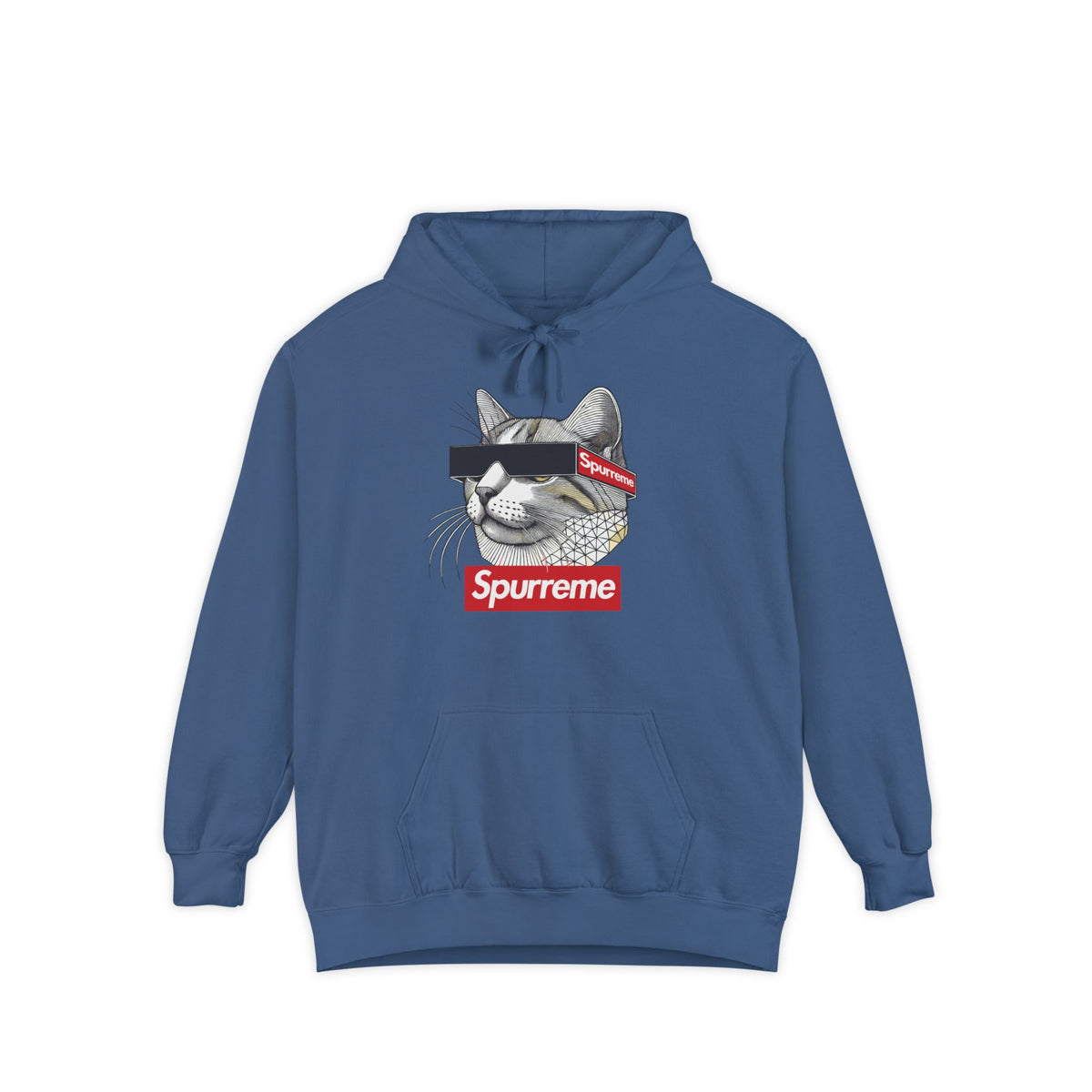 Spurreme Triangular Vision Cat Graphic Hoodie in true navy, front view