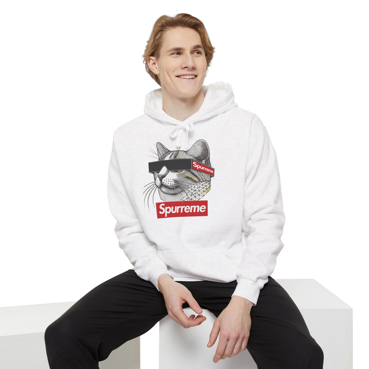 Spurreme Triangular Vision Cat Graphic Hoodie in white, worn by a male model