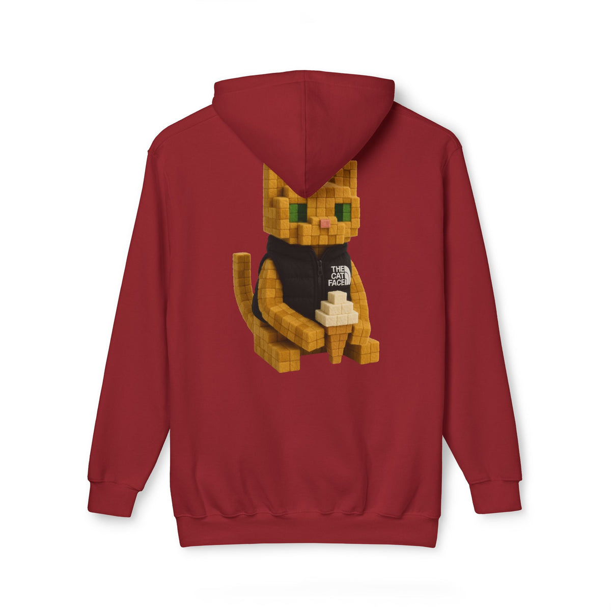 The Cat Face 3D Wool Block Chest Logo & Back Cat Graphic Hoodie in cardinal, back view
