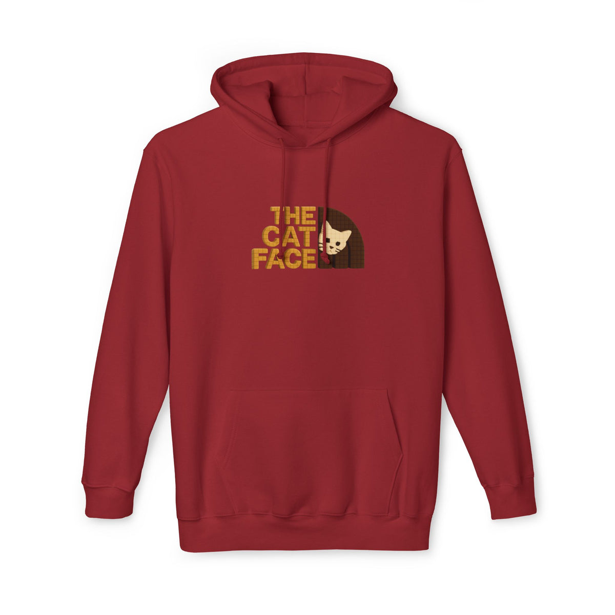 The Cat Face 3D Wool Block Chest Logo & Back Cat Graphic Hoodie in cardinal, front view