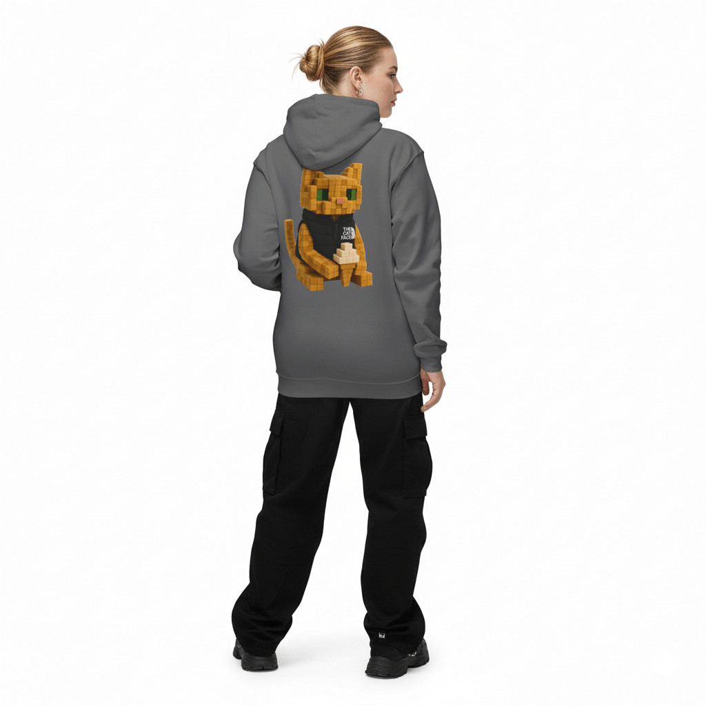 The Cat Face 3D Wool Block Chest Logo & Back Cat Graphic Hoodie in charcoal, back view on a female model