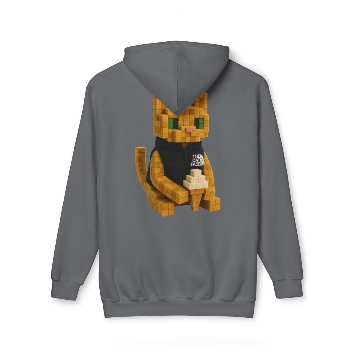 The Cat Face 3D Wool Block Chest Logo & Back Cat Graphic Hoodie in charcoal, back view on a female model