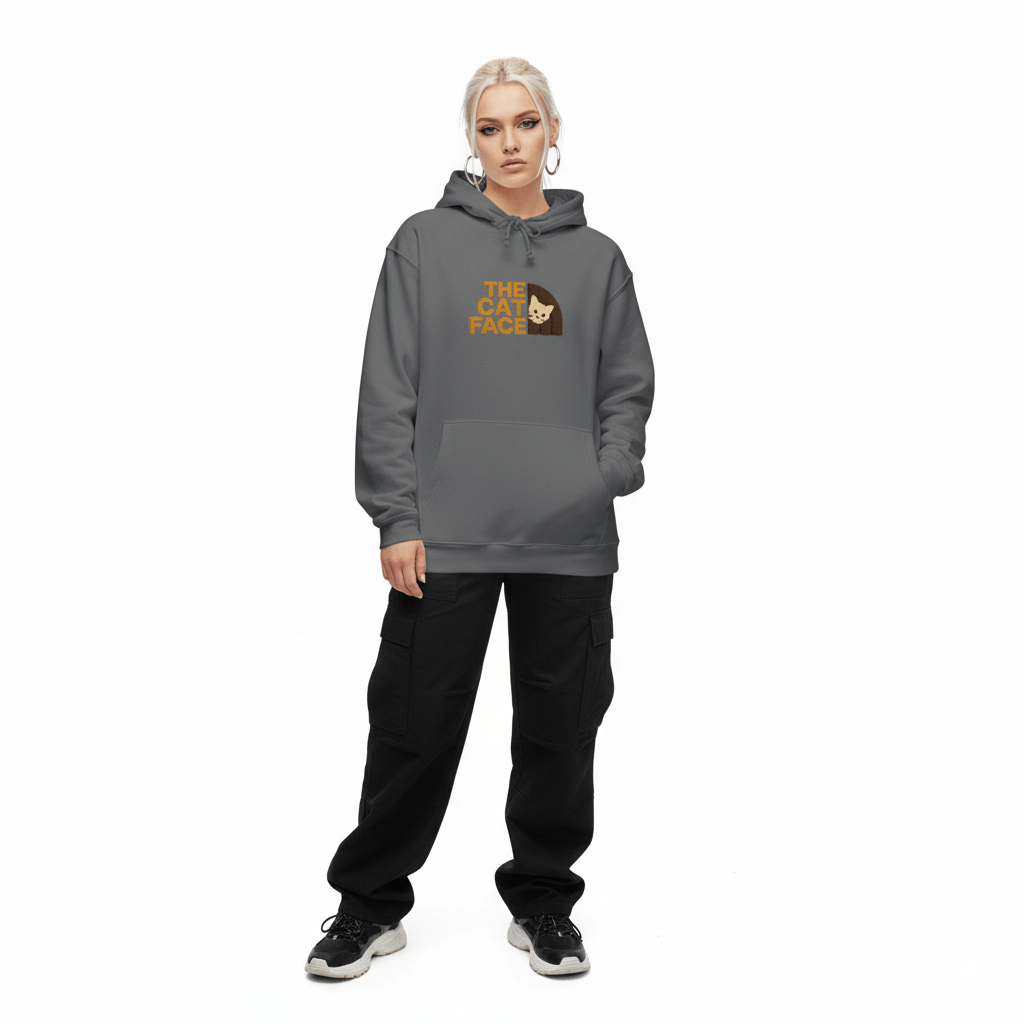The Cat Face 3D Wool Block Chest Logo & Back Cat Graphic Hoodie in charcoal, worn by a female model