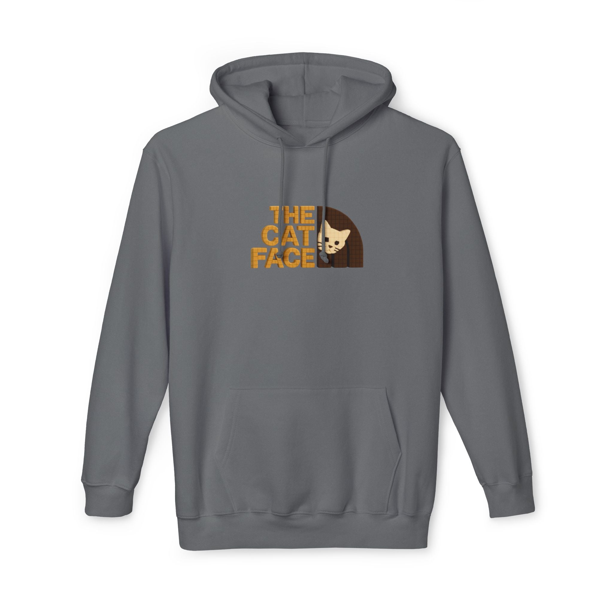 The Cat Face 3D Wool Block Chest Logo & Back Cat Graphic Hoodie in charcoal, front view