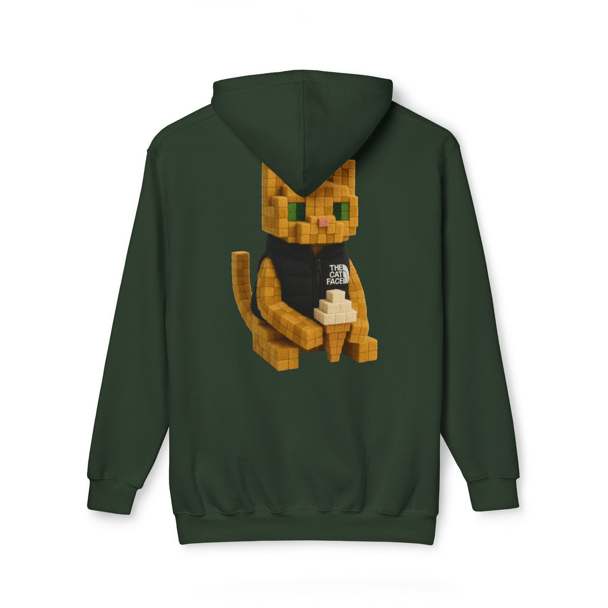 The Cat Face 3D Wool Block Chest Logo & Back Cat Graphic Hoodie in hunter green, back view