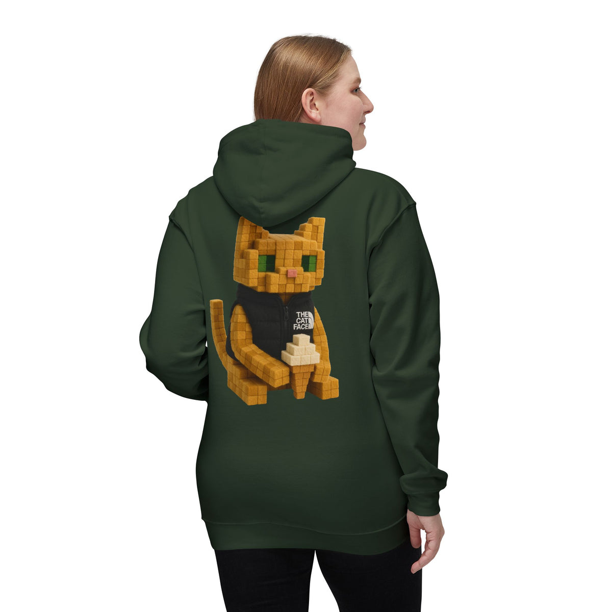 The Cat Face 3D Wool Block Chest Logo & Back Cat Graphic Hoodie in hunter green, back view on a female model
