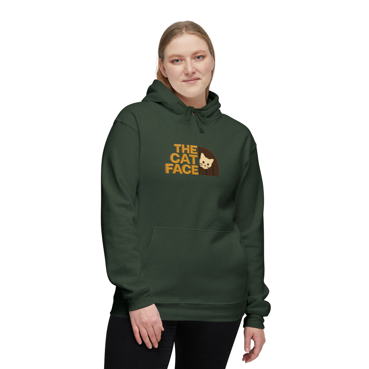 The Cat Face 3D Wool Block Chest Logo & Back Cat Graphic Hoodie in hunter green, worn by a female model
