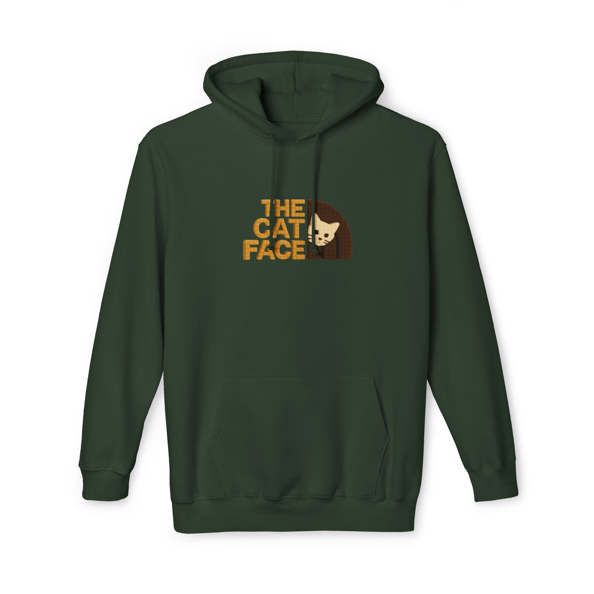 The Cat Face 3D Wool Block Chest Logo & Back Cat Graphic Hoodie in hunter green, front view