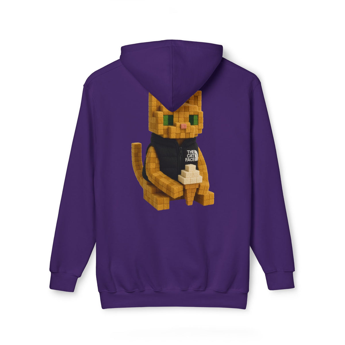 The Cat Face 3D Wool Block Chest Logo & Back Cat Graphic Hoodie in purple, back view