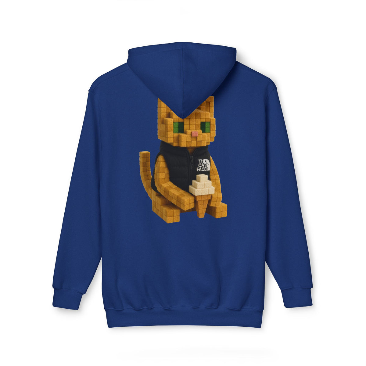 The Cat Face 3D Wool Block Chest Logo & Back Cat Graphic Hoodie in royal blue, back view