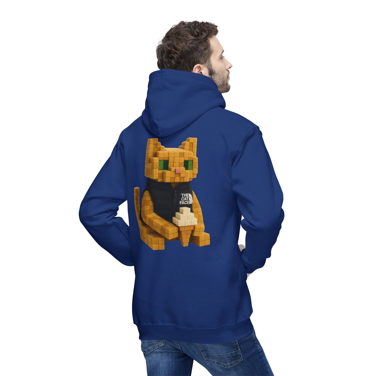 The Cat Face 3D Wool Block Chest Logo & Back Cat Graphic Hoodie in royal blue, back view on a male model