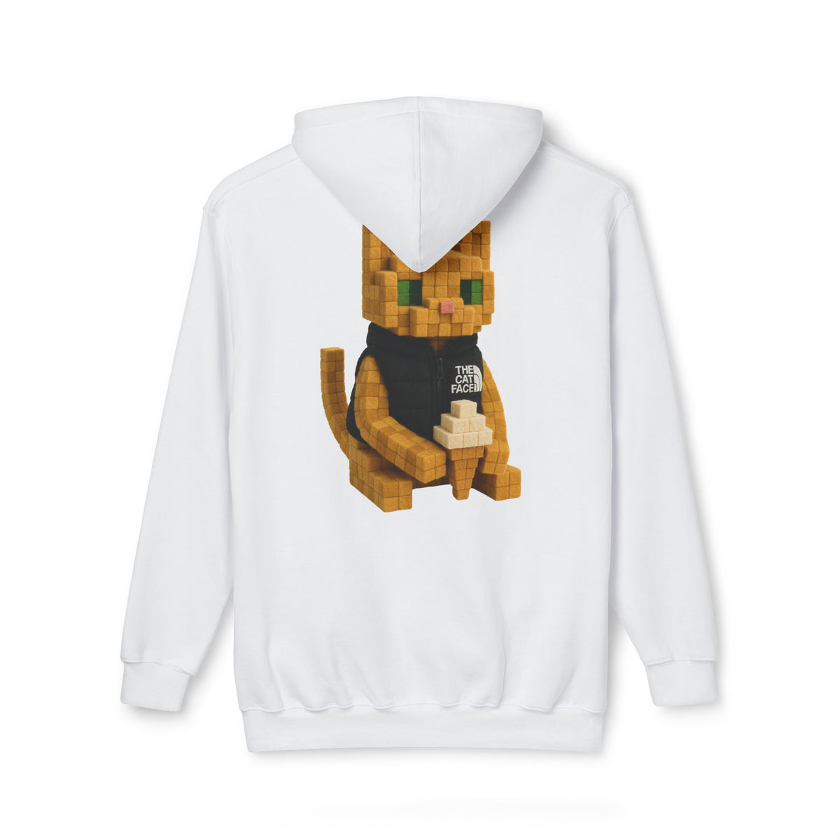 The Cat Face 3D Wool Block Chest Logo & Back Cat Graphic Hoodie in white, back view