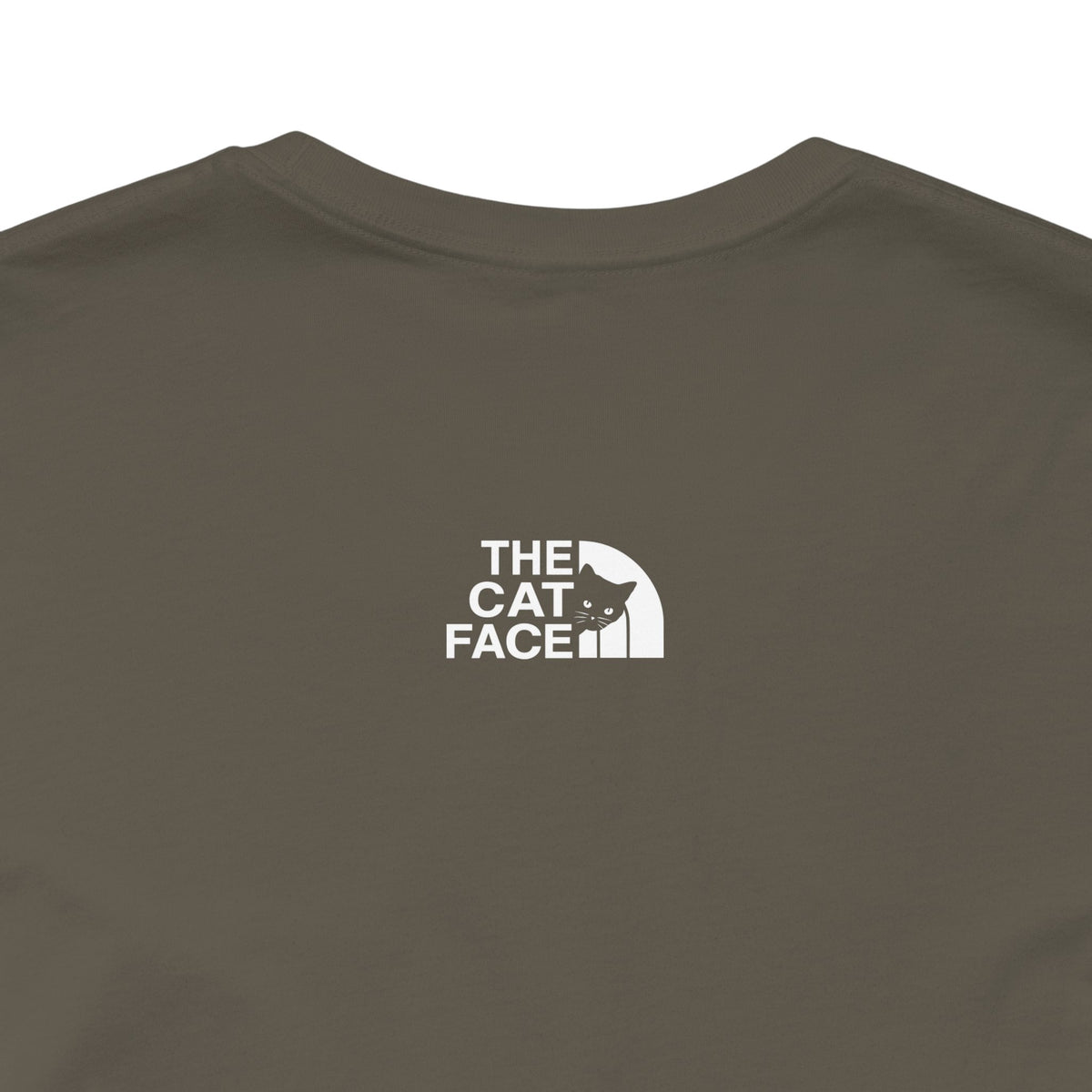 The Cat Face Alpine Explorer Graphic T-Shirt in army, close-up of the back print