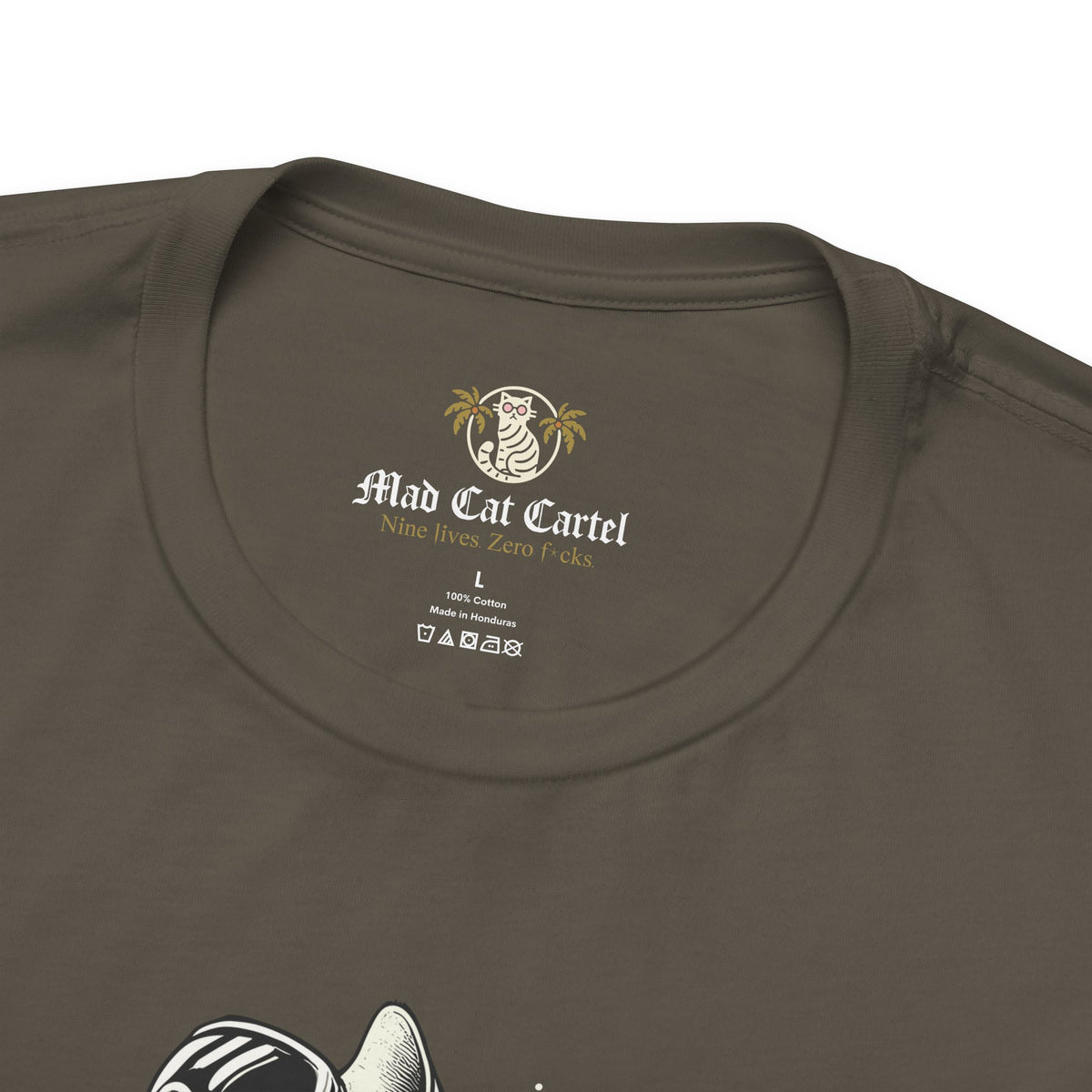 The Cat Face Alpine Explorer Graphic T-Shirt in army, close-up detail