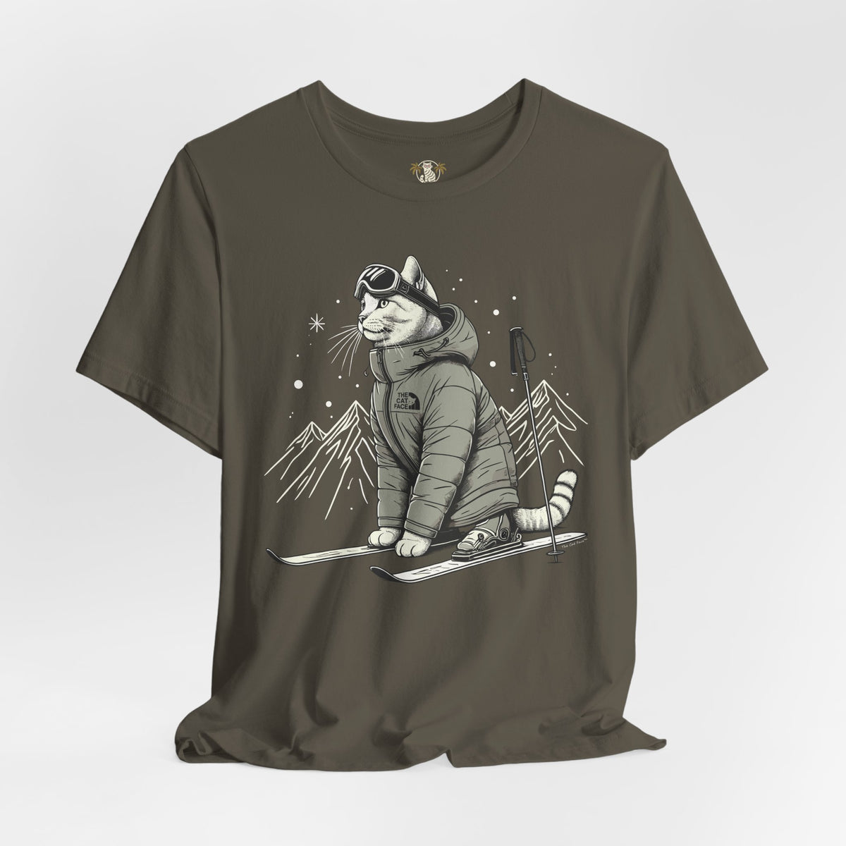 The Cat Face Alpine Explorer Graphic T-Shirt in army, flat lay