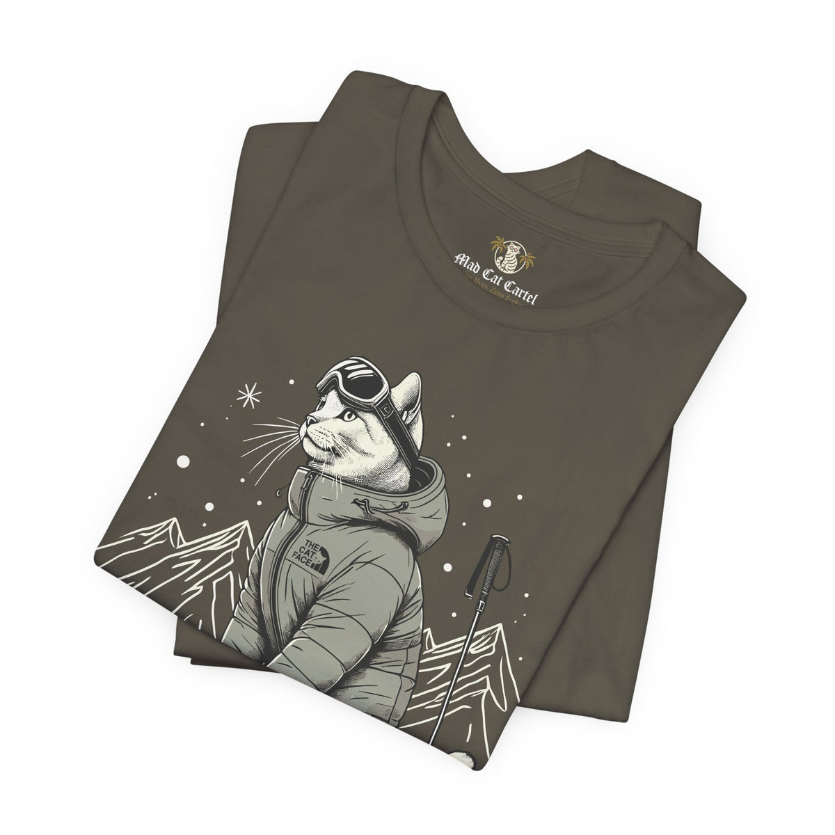 The Cat Face Alpine Explorer Graphic T-Shirt in army, folded