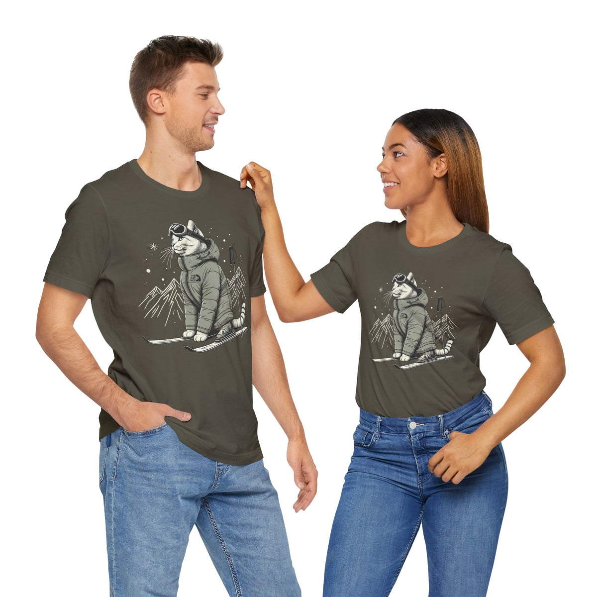 The Cat Face Alpine Explorer Graphic T-Shirt in army, worn by two models