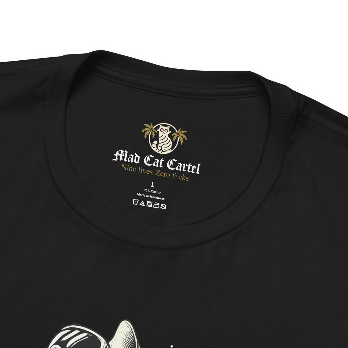The Cat Face Alpine Explorer Graphic T-Shirt in black, close-up detail