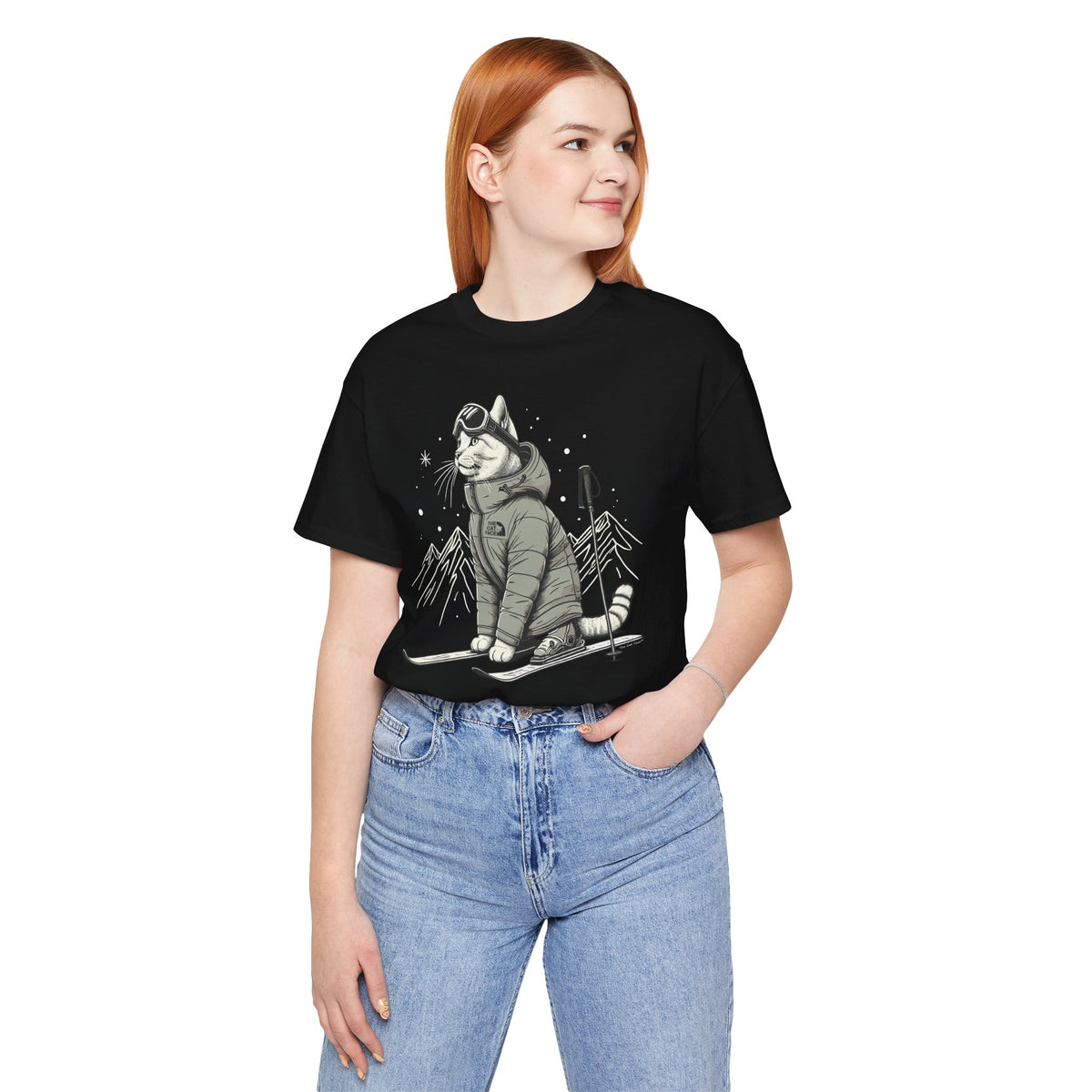 The Cat Face Alpine Explorer Graphic T-Shirt in black, worn by a female model