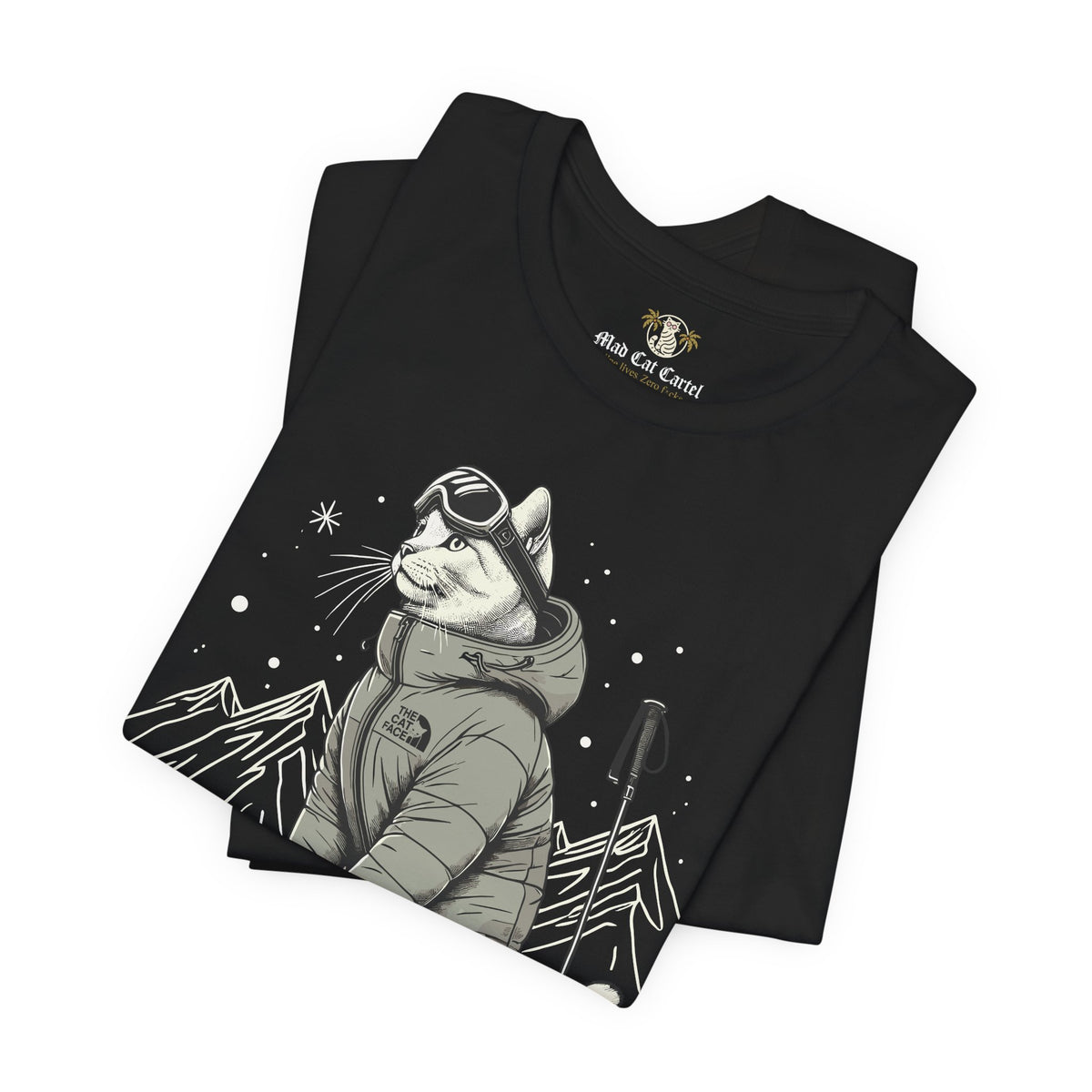The Cat Face Alpine Explorer Graphic T-Shirt in black, folded