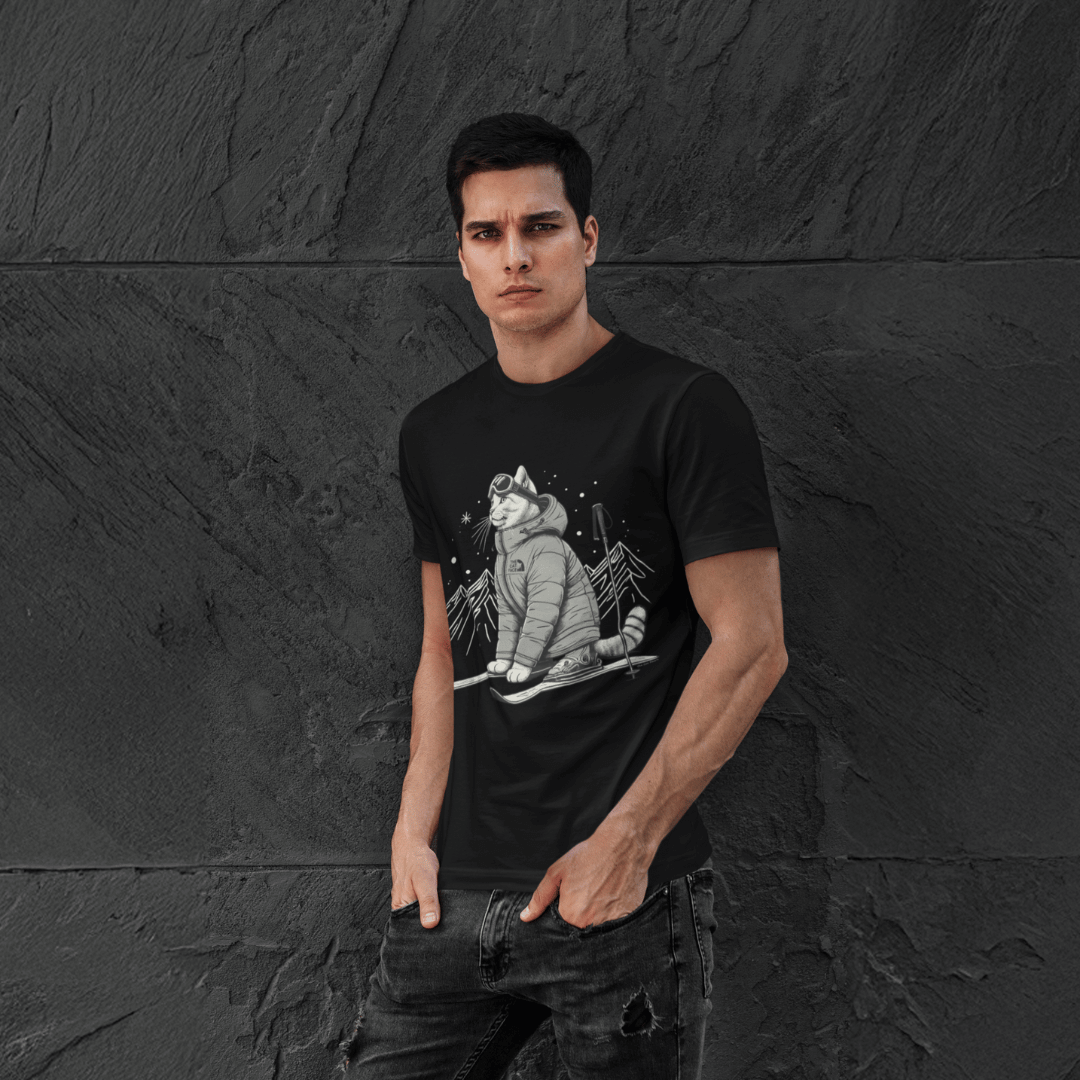 The Cat Face Alpine Explorer Graphic T-Shirt in black, worn by a male model